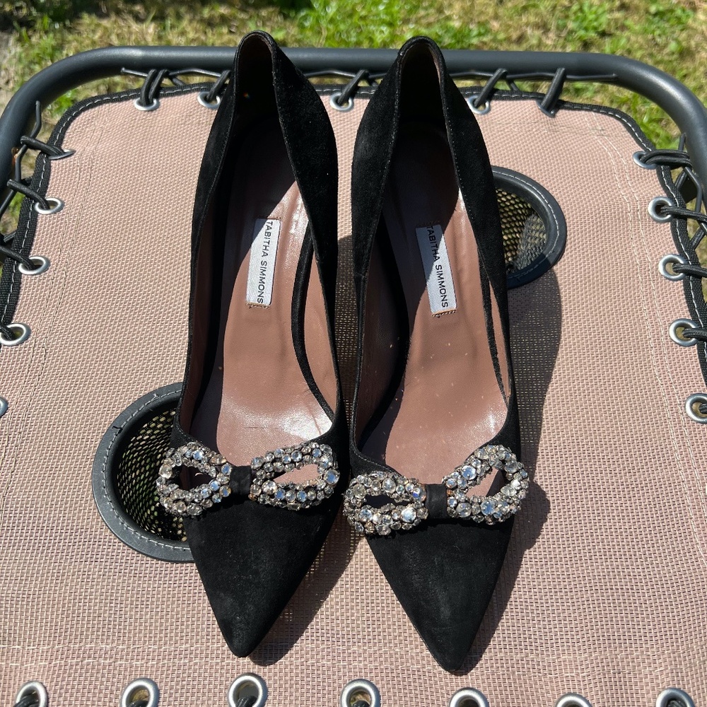 Tabitha Simmons Black Suede Heels with rhinestone bow